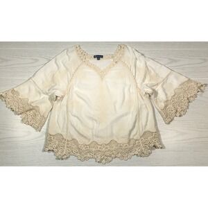 Democracy Embroidered Blouse Womens Size M Boho Crochet Lace Top Peasant Hippie